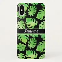 Tropical Green Watercolor Leaves Pattern with Name iPhone X Case