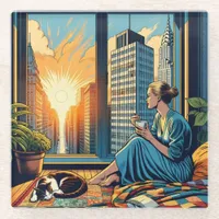 Morning Time in the City | Woman Reflecting Glass Coaster