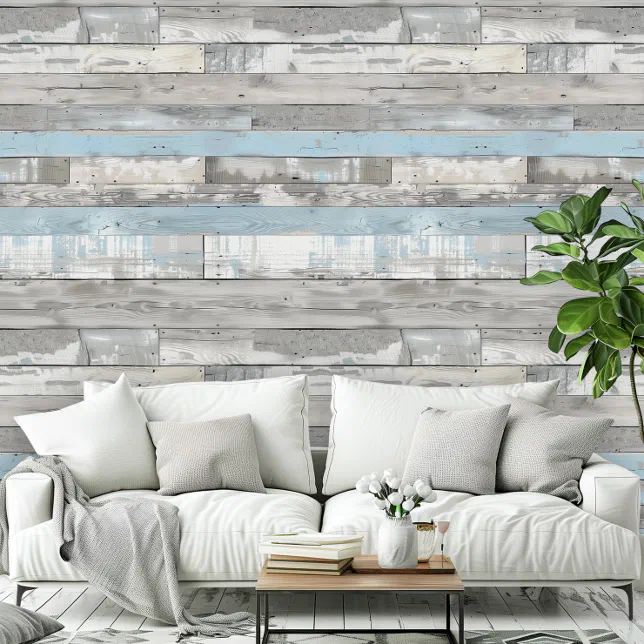 Distressed Beachwood Light Blue Gray Room Pattern Wallpaper