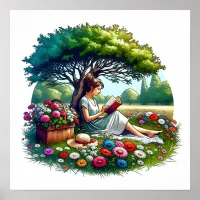 Girl Reading under a Tree Surrounded by Flowers Poster