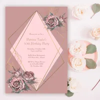 Dusty Pink Floral Modern 50th Birthday Party Invitation