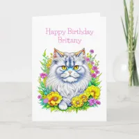 Persian Cat Flowers Personalized Birthday Card