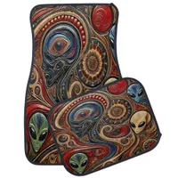 Mysterious Alien Encounter in Vibrant Cosmic Art Car Floor Mat