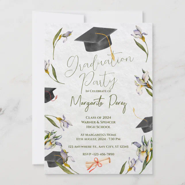 White Floral Watercolor Graduation Party  Invitation