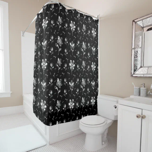 Cute Seamless Pattern Black And White Floral Shower Curtain