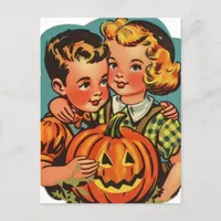 Retro Halloween Boy and Girl with Jack-o-Lantern Postcard