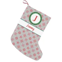 Wreath Monogram Your Name Silver & Red Snowflakes Small Christmas Stocking