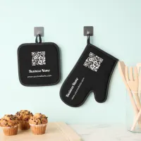 Stylish Black Business Promotional Barcode QR Code Oven Mitt & Pot Holder Set