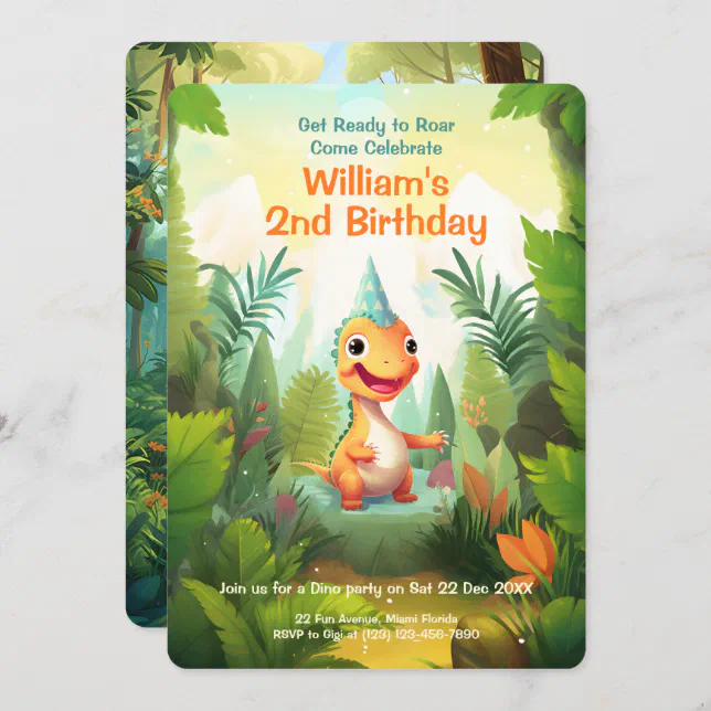 Cute Dinosaur Tropical Forest | Dino Kids Birthday Invitation