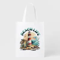 Beach Life | Tropical Lighthouse Art Grocery Bag