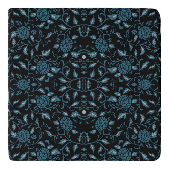 Elegant Flowery Black and Teal Damask Trivet