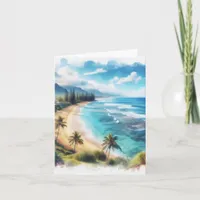 Tropical Island Watercolor Coastal Seascape Blank Note Card