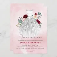 Burgundy Silver glitter Floral Dress Quincea&#241;era Invitation