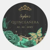 Vintage Green Roses Black Gold Lace Quincea&#241;era Classic Round Sticker