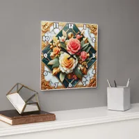 Rose Floral Design With Gold Accents Square Wall Clock