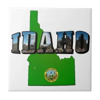 Idaho Map, Seal and Picture Text Ceramic Tile