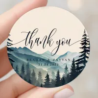 Watercolor Pine Tree Mountain Wedding Thank You Classic Round Sticker