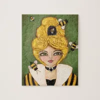 Whimsical Bee Hive Hair Girl Black Yellow Green Jigsaw Puzzle