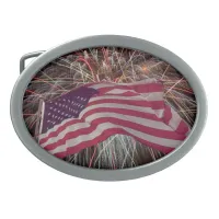 American Flag and Fireworks Oval Belt Buckle