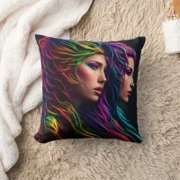 Vibrant Rainbow Hair Artistry With Dual Portraits Throw Pillow