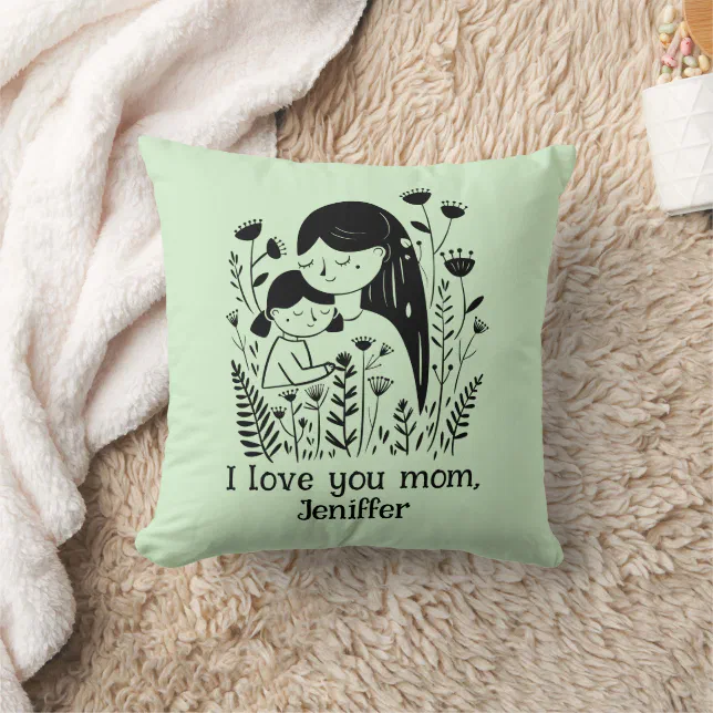 Cute Mother & Daughter Hugging Mother's Day Green Throw Pillow