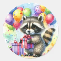 Cute Watercolor Cartoon Raccoon Birthday Classic Round Sticker