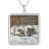 Cat Sleeping on a Bed by Claude Monet Silver Plated Necklace