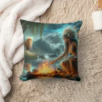 Native American Woman Engages With a Wolf Throw Pillow