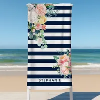 Nautical Stripes Watercolor Floral Navy Blue Name Beach Towel