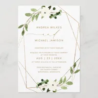 Trendy Wedding Invite Geometric Greenery Faux Foil