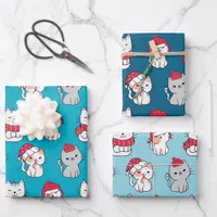 Cute Whimsical Blue & Red Cartoon Cat Christmas Wrapping Paper Sheets