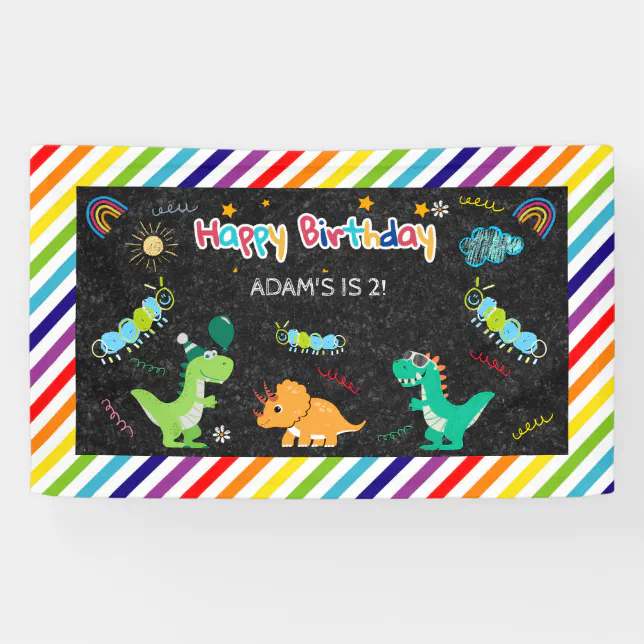 Dinosaur T-rex Chalkboard Rainbow 2nd kid Birthday Banner