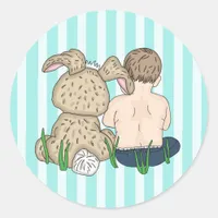 Sweet Baby Boy and Easter Bunny Happy Easter   Classic Round Sticker