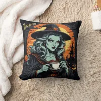 Witch enjoying tea on a spooky Halloween night Throw Pillow