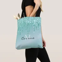 Monogram Aqua Blue Dripping Glitter Metallic Name Tote Bag