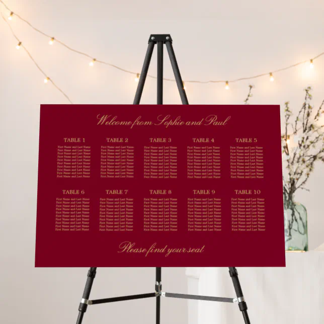 Burgundy Gold 10 Table Seating Chart Foam Board