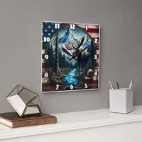 Moose in Mountain Landscape With American Flag Square Wall Clock