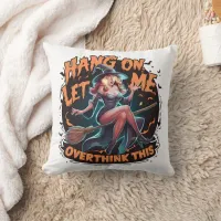 Witch contemplating on a broomstick at dusk throw pillow