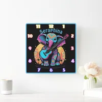 Elephant with guitar at sunset square wall clock