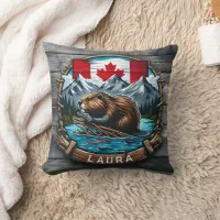 Canadian Beaver With Flag and Mountains at Sunset Throw Pillow