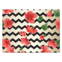 Red Hibiscus Flowers On Black And Beige Chevron Tissue Paper