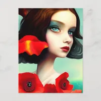 Beautiful Woman and Red Poppy Flowers Postcard