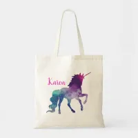 Personalize Watercolor Purple Blue Magical Unicorn Tote Bag