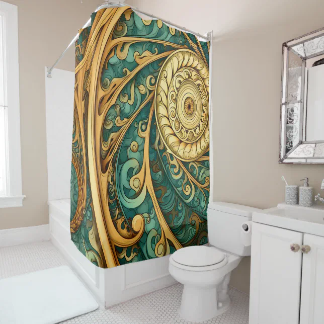 Spirals in Green and Gold Shower Curtain