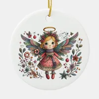  Whimsical Christmas Angel with Multi-color Wings Ceramic Ornament