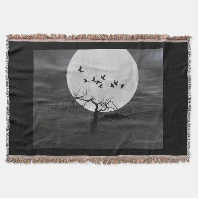 Spooky Ravens Flying Against the Full Moon Throw Blanket