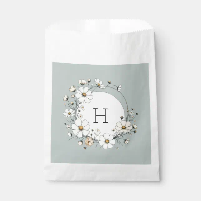 Sage Green Monogram Boho Flowers Personalized Favor Bag