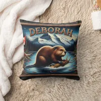 Canadian Beaver With Flag Near Scenic Mountains Throw Pillow