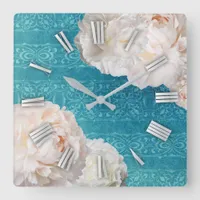 White Peony Flowers On Turquoise Damask Pattern Square Wall Clock