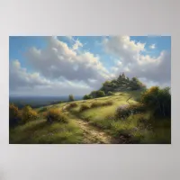 Oil painting winding path to hilltop cottage poster